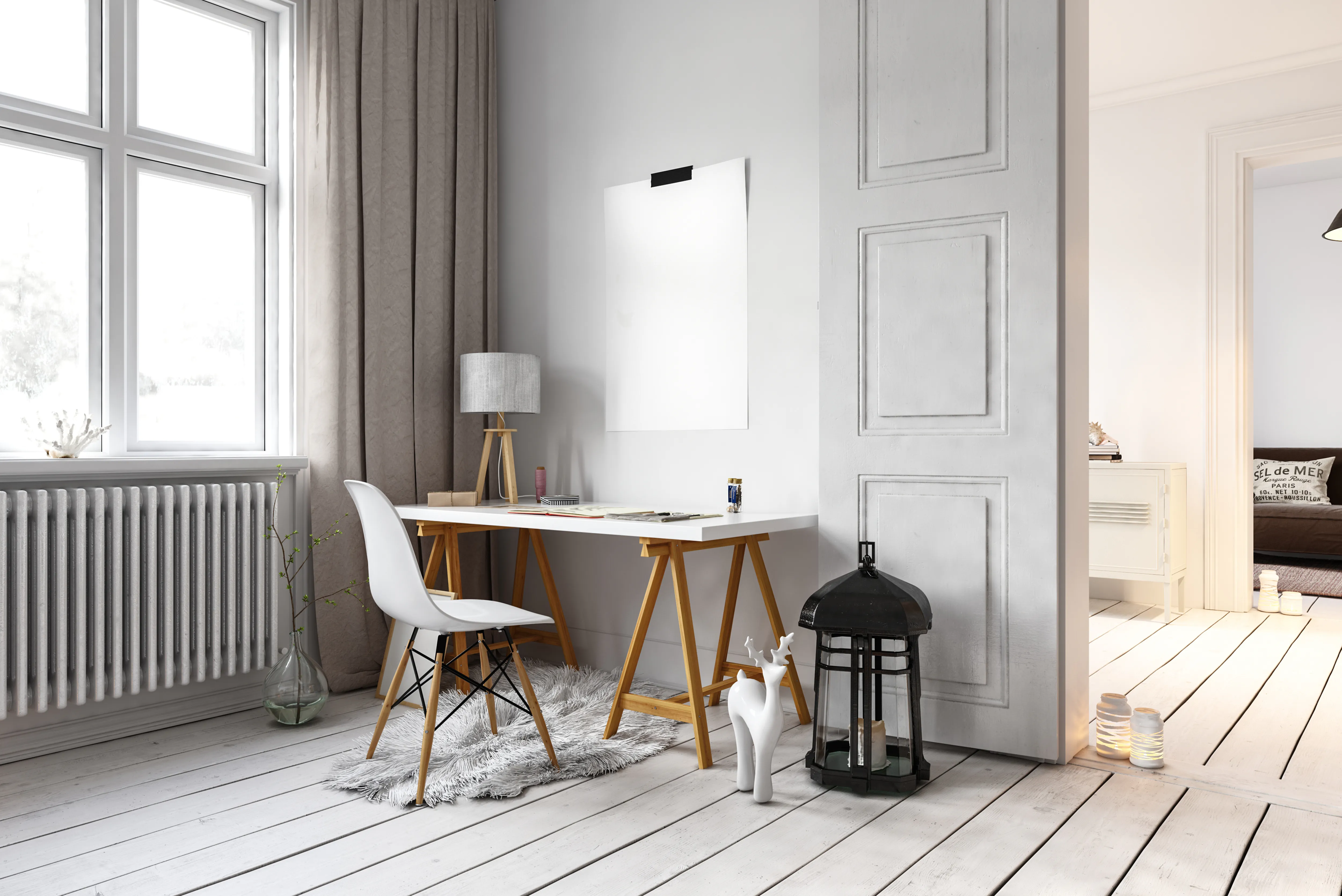 Little desk and chair in loft with large lamp